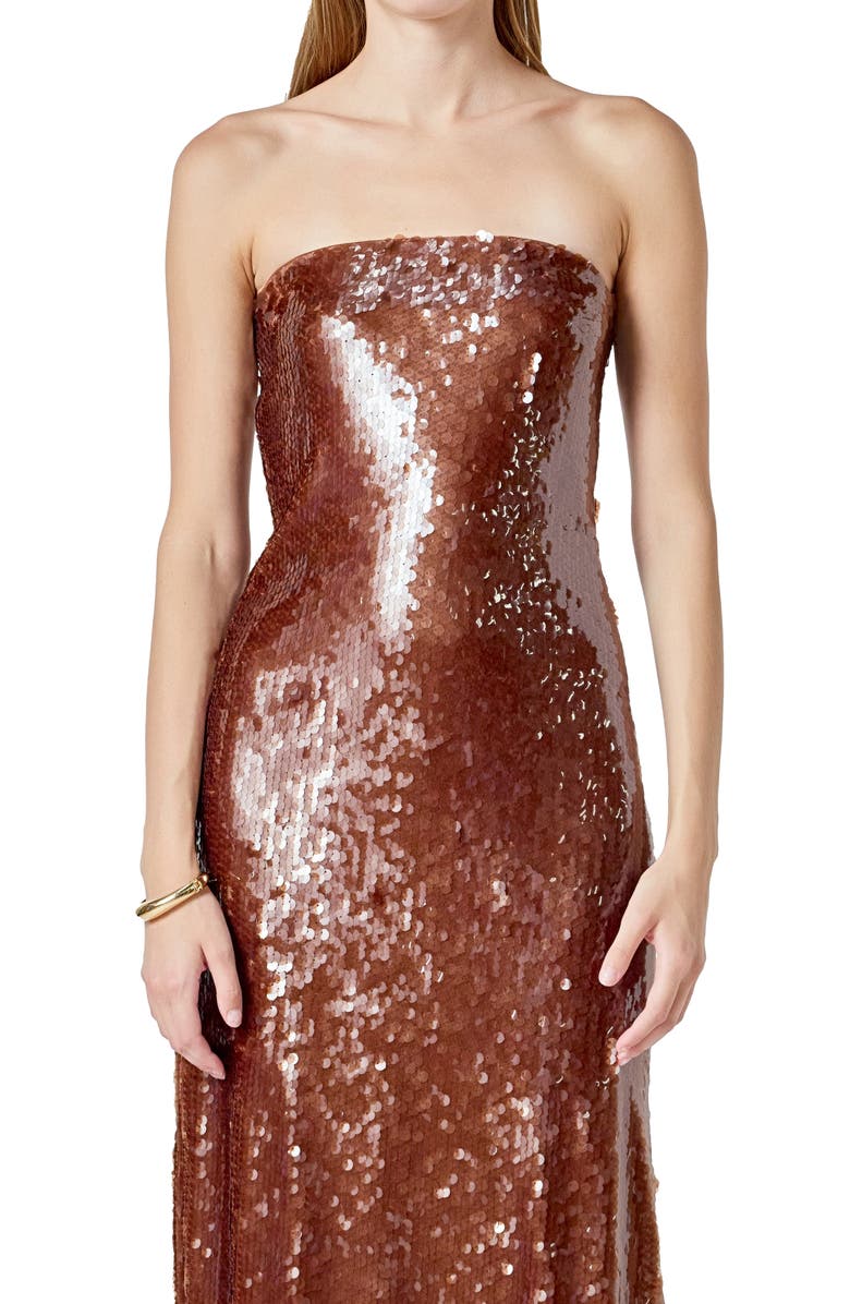 Endless Rose Sequin Strapless Midi Dress, Alternate, color, Brown