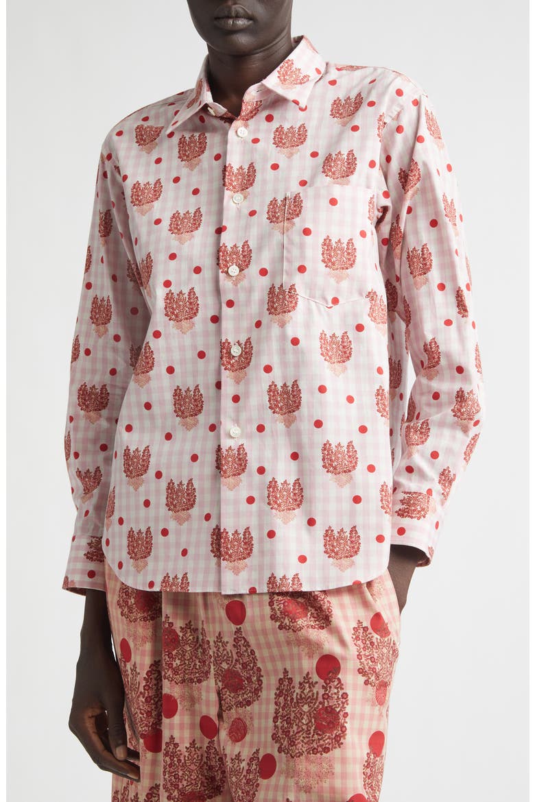 Polka Dot Floral Gingham Cotton Poplin Button-Up Shirt, Alternate, color, PINK