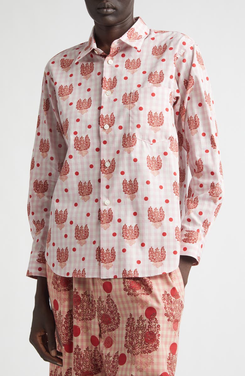 Tao Comme des Garçons Polka Dot Floral Gingham Cotton Poplin Button-Up Shirt, Alternate, color, Pink