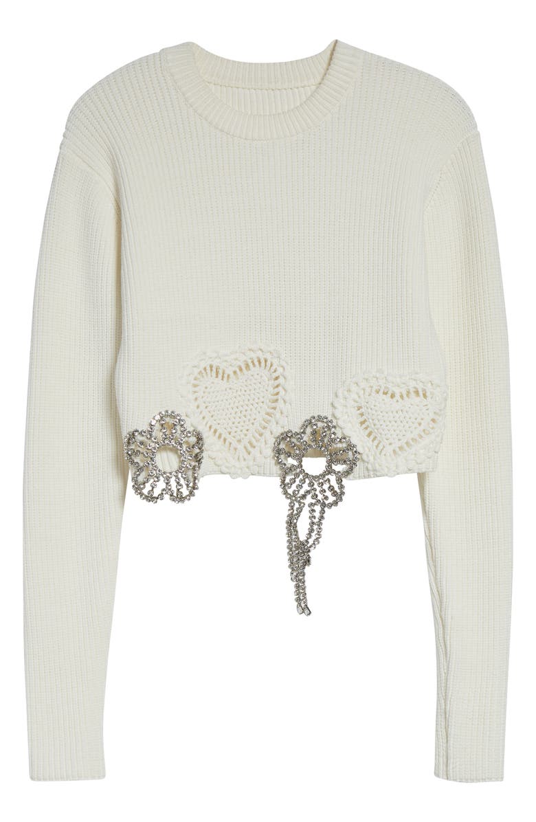 Area Crystal Flower & Crochet Heart Appliqué Crop Rib Sweater, Alternate, color, Off White
