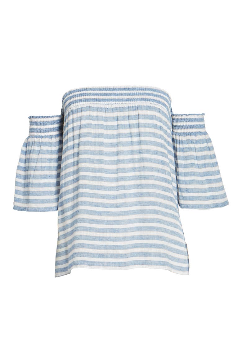 Isabelle Off the Shoulder Linen Blend Top, Alternate, color, MYKONOS STRIPE