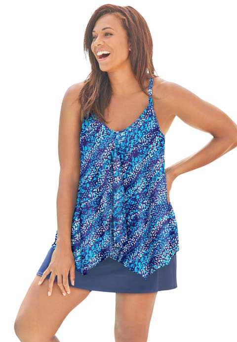 Longer-Length Draped Mesh Racerback Tankini Top (Plus)