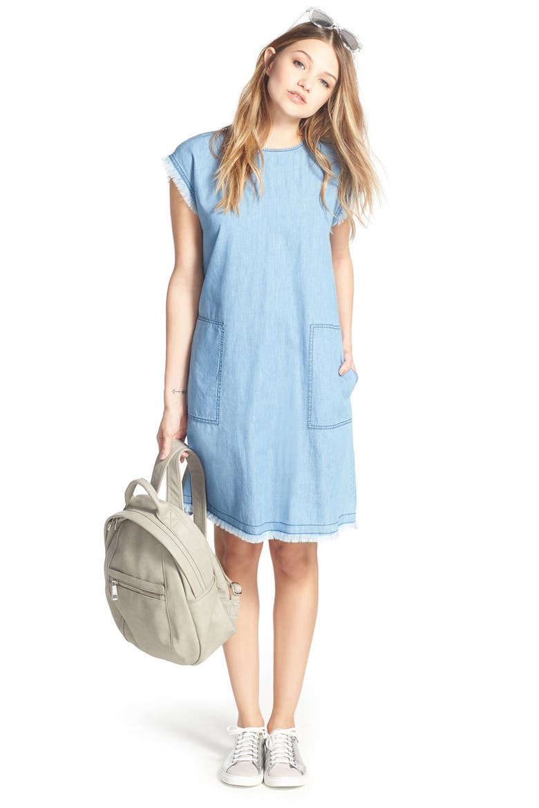 Frayed Denim Shift Dress, Alternate, color, LIGHT BLUE
