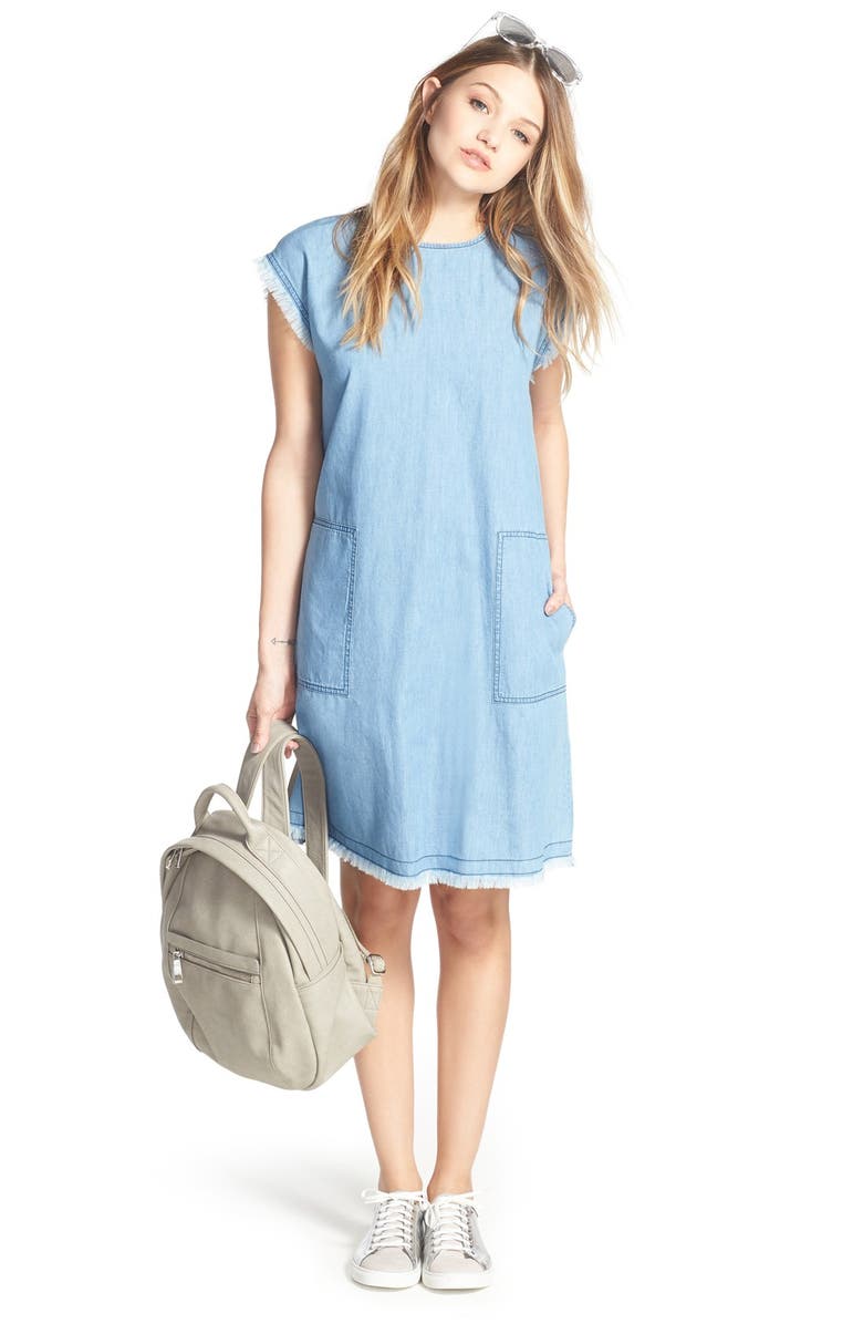 BP. Frayed Denim Shift Dress, Alternate, color, 