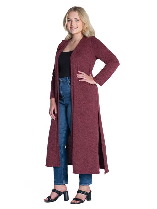 24seven Comfort Apparel Plus Size Long Duster Open Front Knit Cardigan Sweater In Burgundy