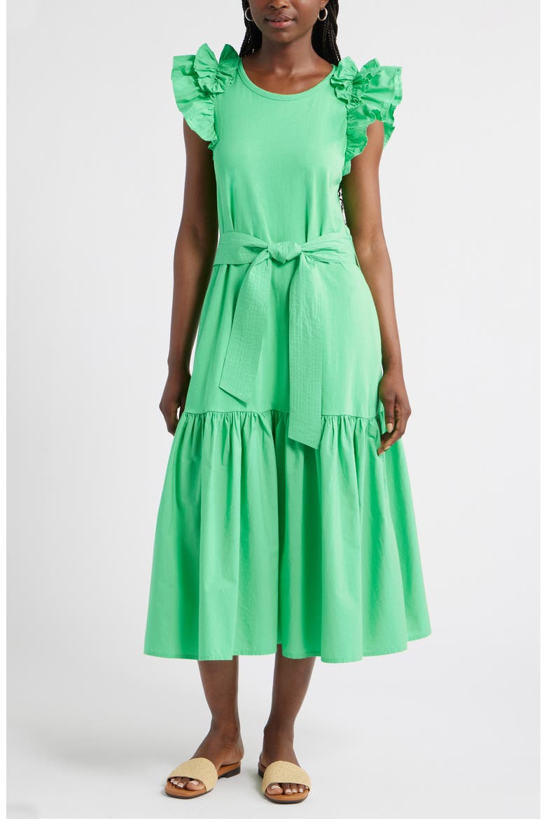 Ruffle Tie Waist Mixed Media Dress, Main, color, GREEN CELTIC