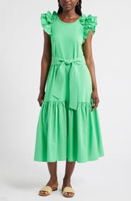Caslon® Ruffle Tie Waist Mixed Media Dress