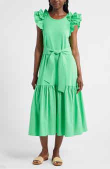 Caslon® Ruffle Tie Waist Mixed Media Dress