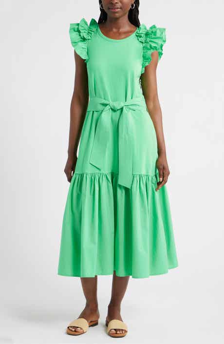 Caslon® Ruffle Tie Waist Mixed Media Dress
