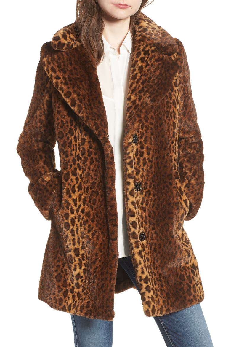 Faux Fur Leopard Print Coat, Main, color, LEOPARD