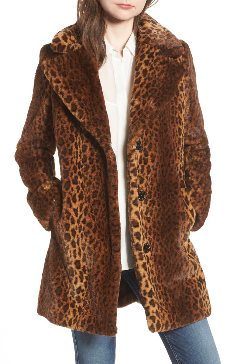 Kensie Faux Fur Leopard Print Coat, Main, color,