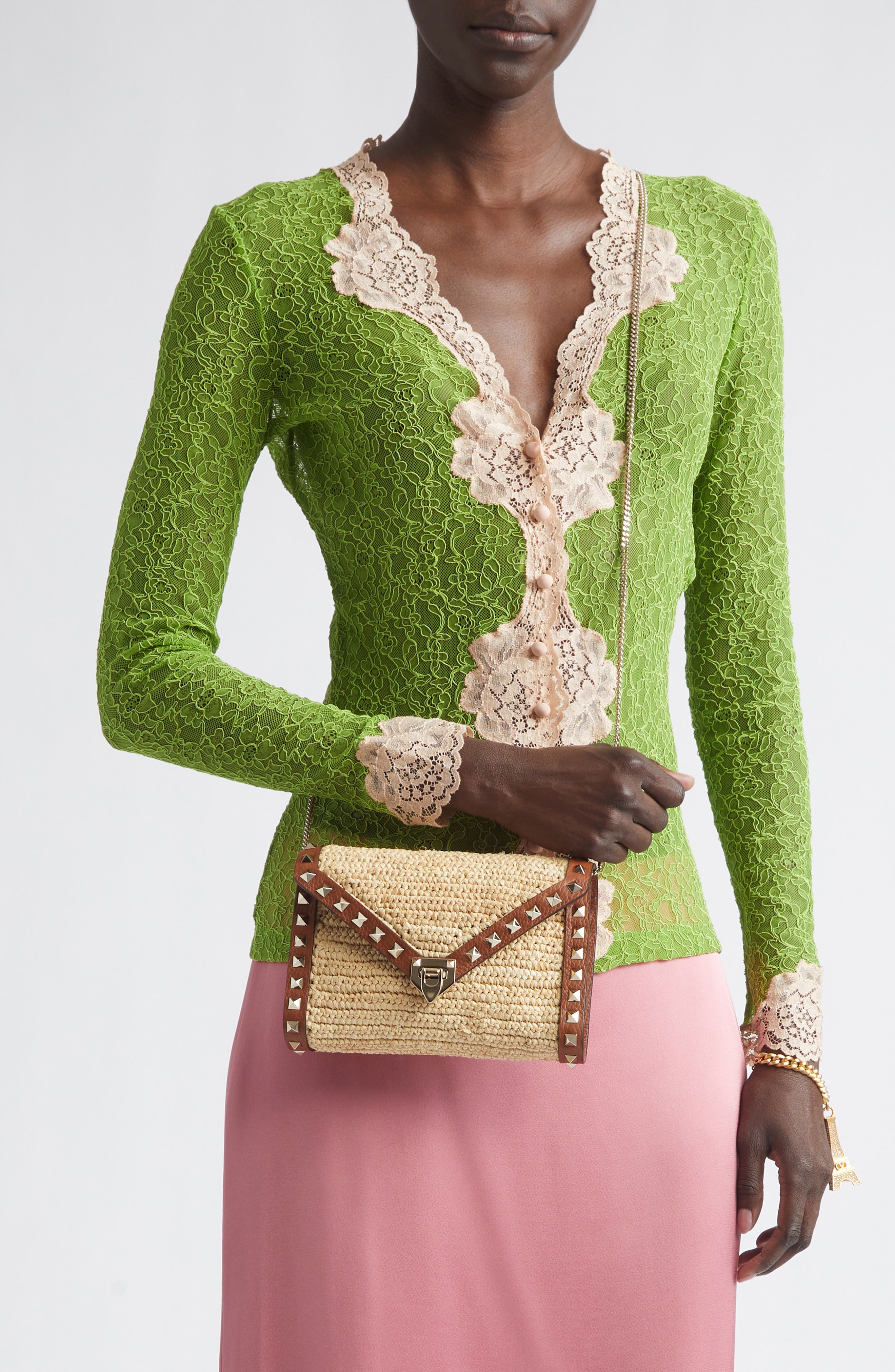 Valentino Garavani Mini Rockstud Raffia Crochet Shoulder Bag, Alternate, color, Natural