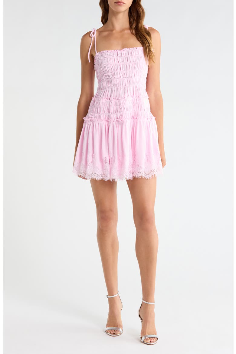 Shirred Tie Shoulder Lace Trim Minidress, Main, color, PINK