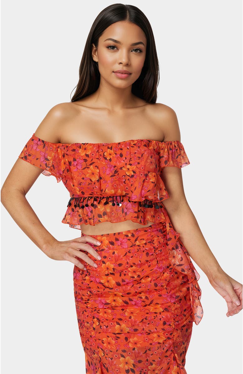 bebe Ruffle Fringe Top, Main, color, Vibrant Desert Flowers