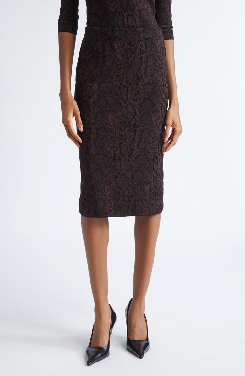 Stella McCartney Textured Snakeskin Jacquard Wool Blend Midi Skirt, Main, color, Brown/ Black