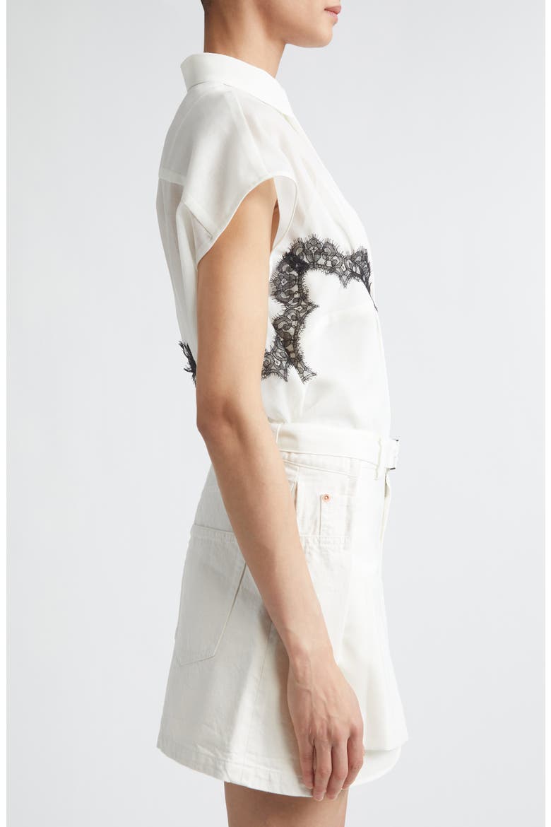 Lace Trim Cap Sleeve Organza Button-Up Shirt, Alternate, color, OFF WHITE