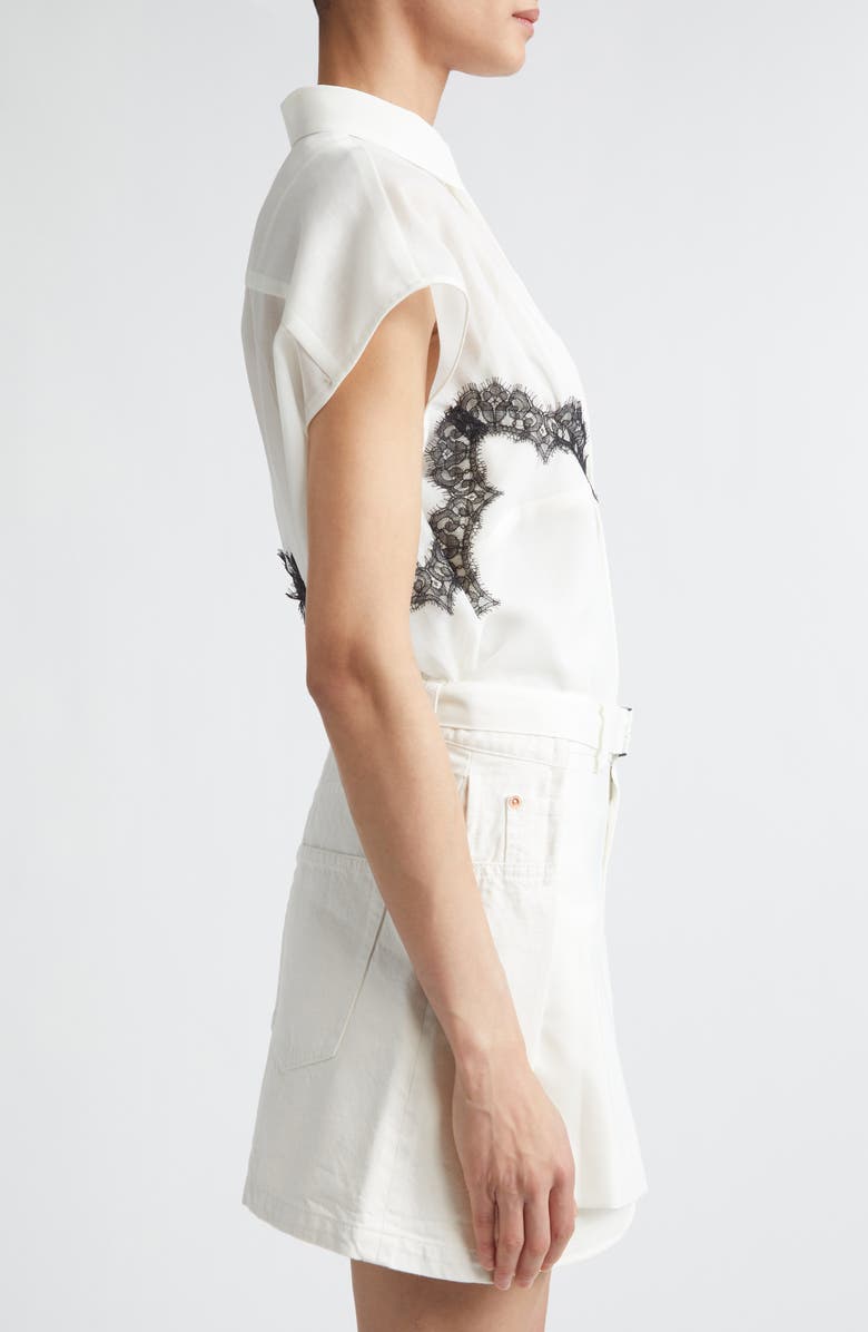 Sacai Lace Trim Cap Sleeve Organza Button-Up Shirt, Alternate, color, Off White