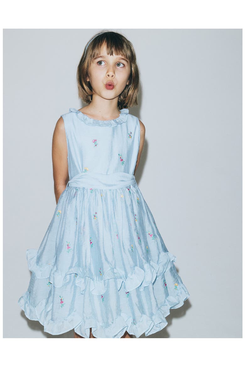 Kids' Embroidered Ruffle Tie Belt Party Dress, Alternate, color, MISTY BLUE