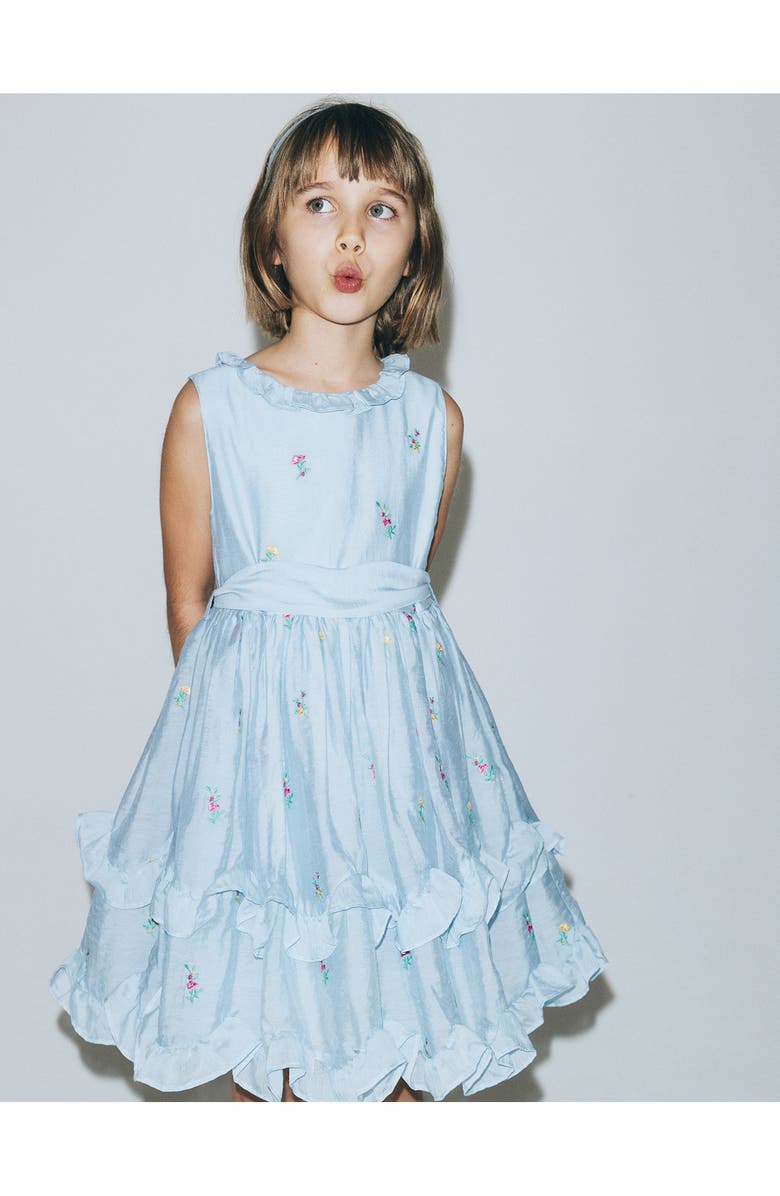 Mini Boden Kids' Embroidered Ruffle Tie Belt Party Dress, Alternate, color, Misty Blue