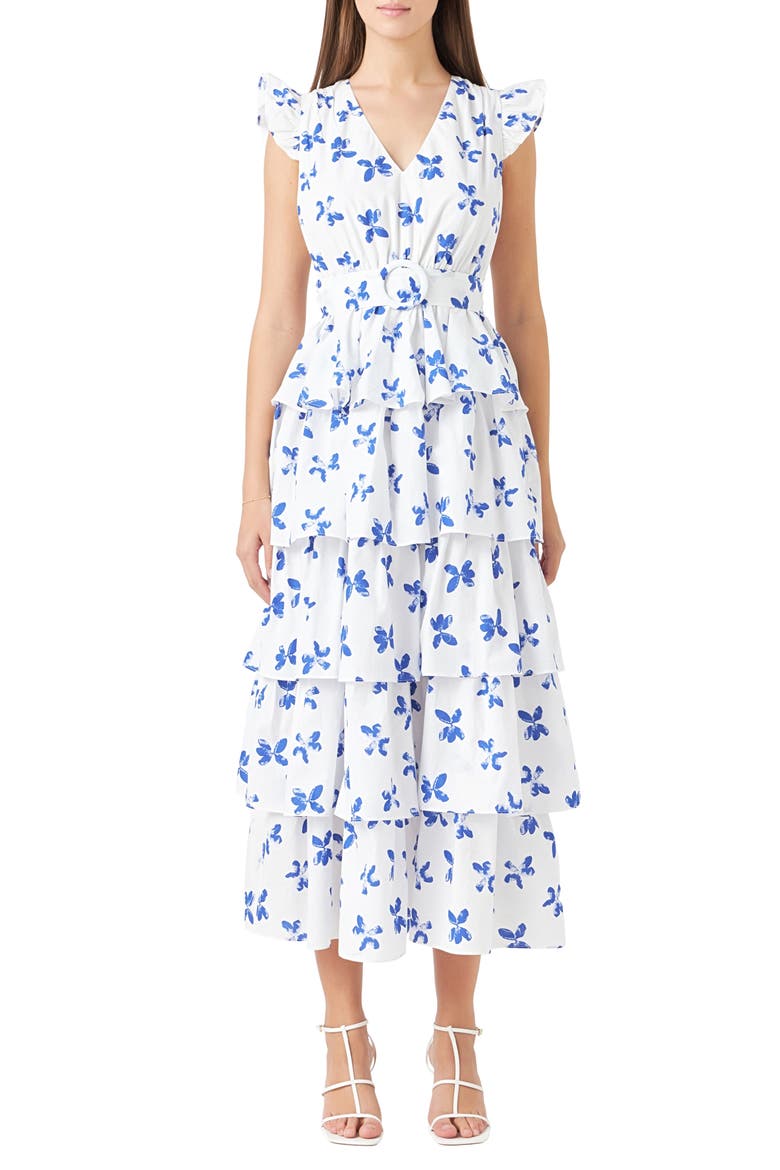 Floral Tiered Belted Maxi Dress, Main, color, WHITE/ BLUE