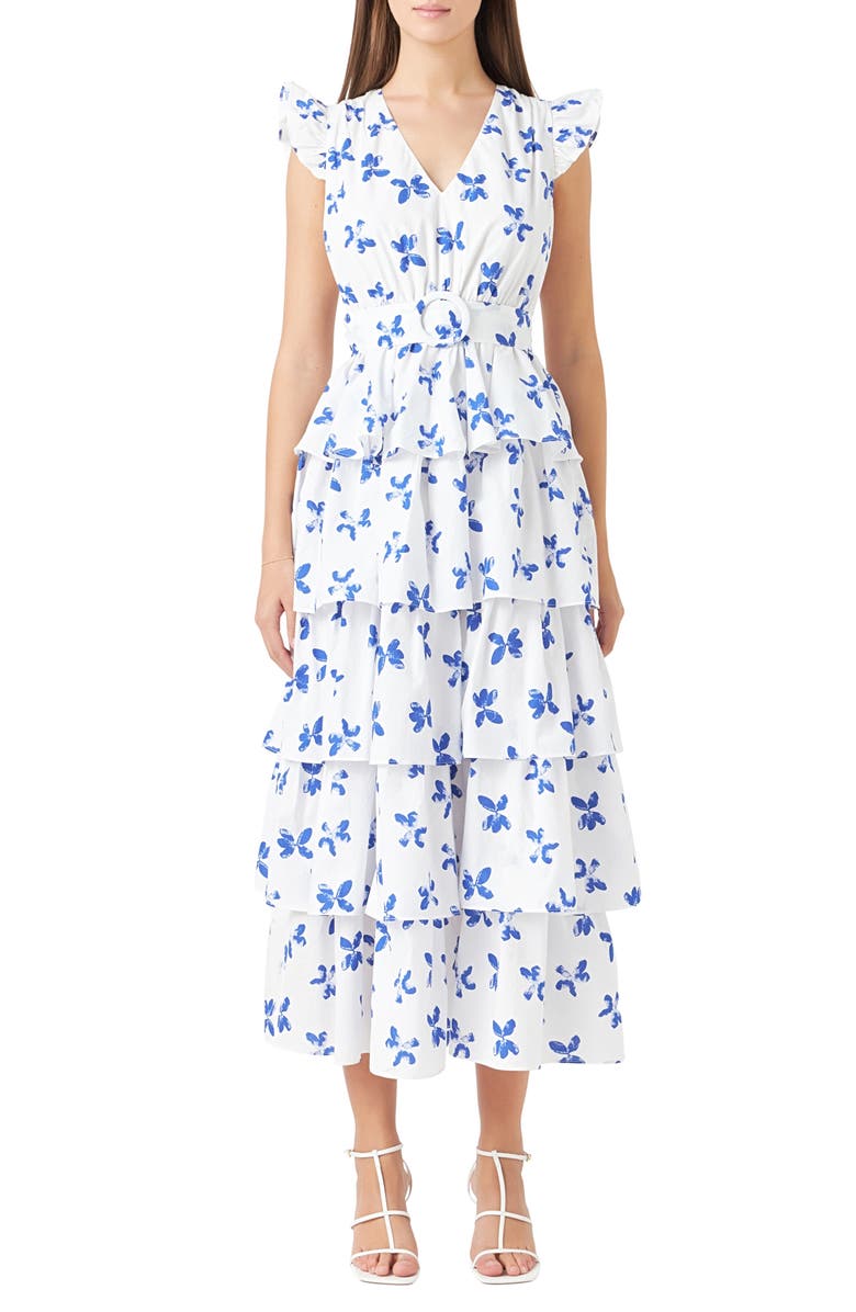 Endless Rose Floral Tiered Belted Maxi Dress, Main, color, White/ Blue