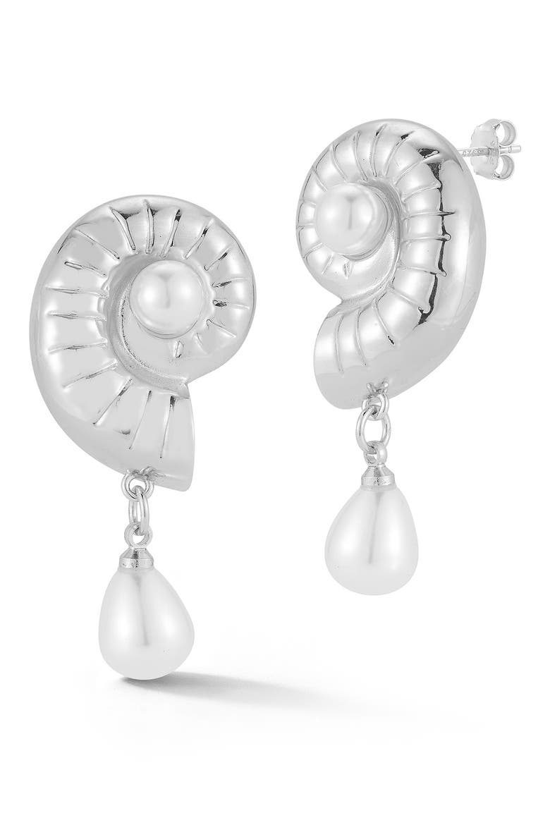 Faux Pearl Shell Drop Earrings, Main, color, SILVER