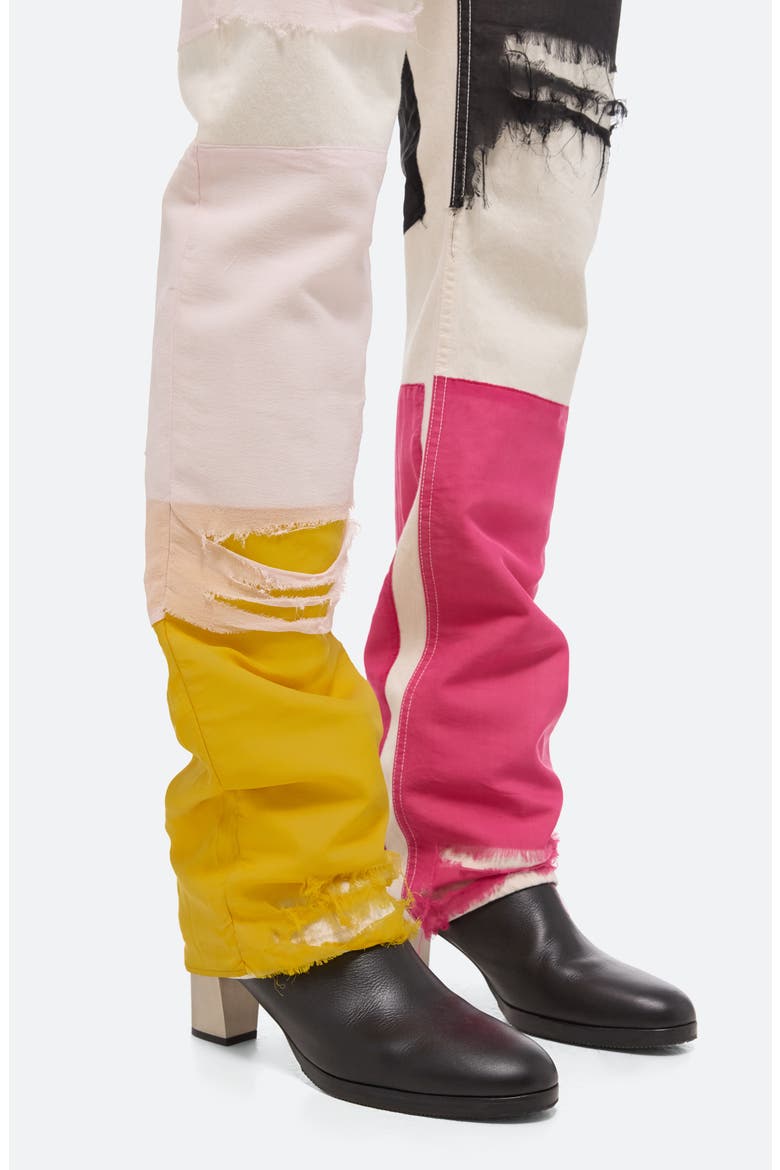 Helmut Lang Colorblock Distressed Silk Chiffon Panel Straight Leg Jeans ...