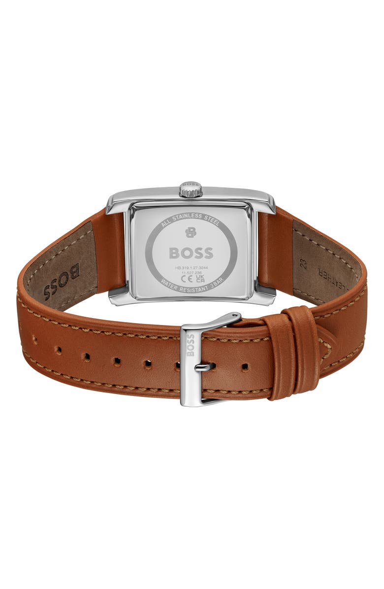 BOSS Principle Dress Multifunction Tank Leather Strap Watch, 30.5mm x 42mm, Alternate, color, Silver