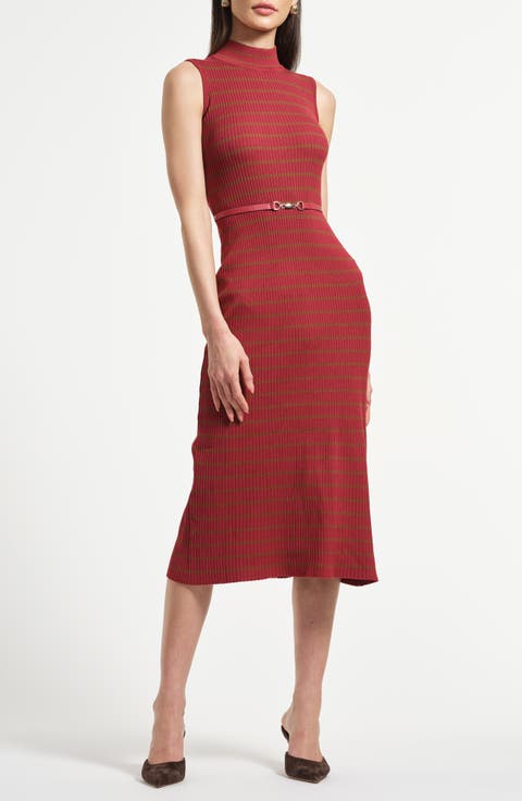 Sleeveless Belted Rib Midi Sweater Dress
