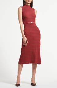 Isaac Mizrahi New York Sleeveless Belted Rib Midi Sweater Dress