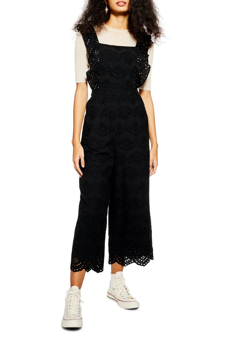 Embroidered Ruffle Jumpsuit, Main, color, BLACK