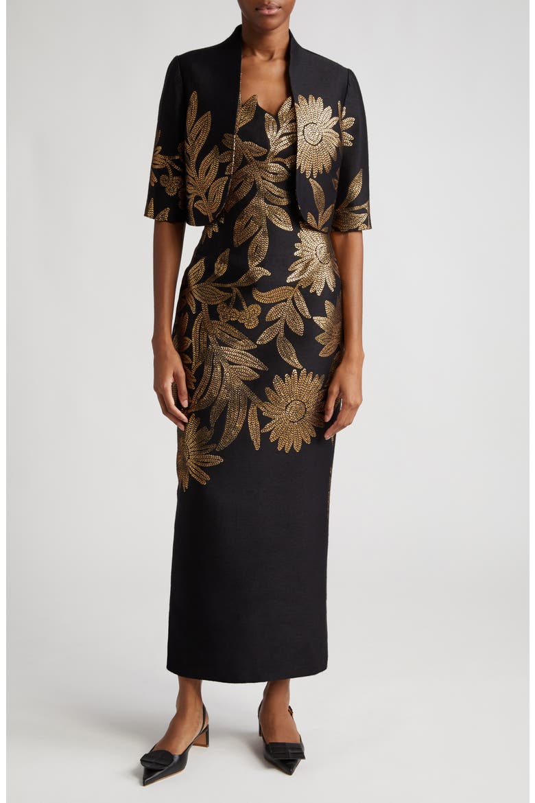Metallic Floral Strapless Sheath Gown, Alternate, color, BLACK