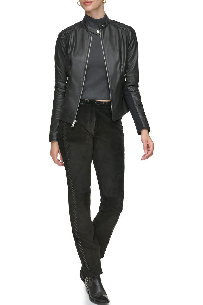 Leather Racer Jacket, Alternate, color, BLACK