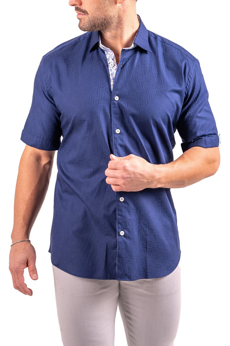 Galileo Resistance0143 Blue Geo Jacquard Short Sleeve Cotton Button-Up Shirt, Alternate, color, BLUE
