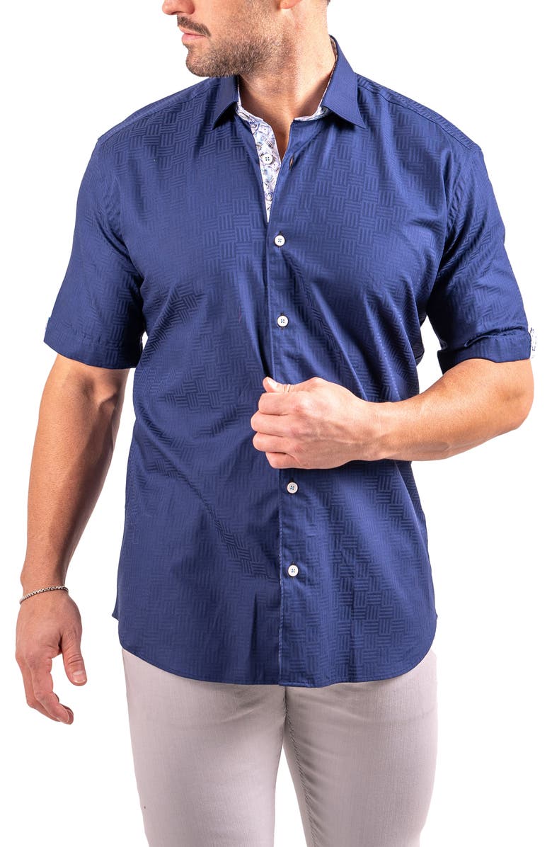 Maceoo Galileo Resistance0143 Blue Geo Jacquard Short Sleeve Cotton Button-Up Shirt, Alternate, color, Blue