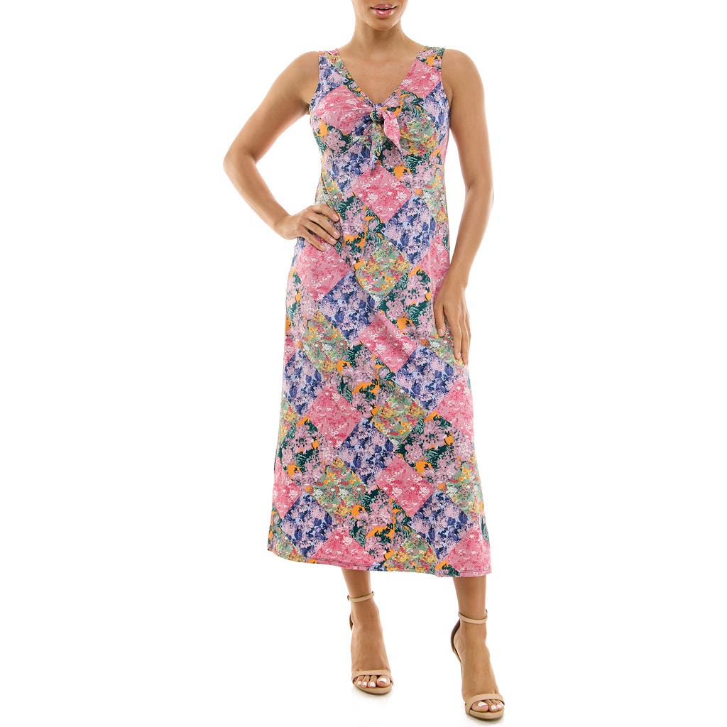 Nina Leonard Tie Front Sleeveless Midi Dress In Multi