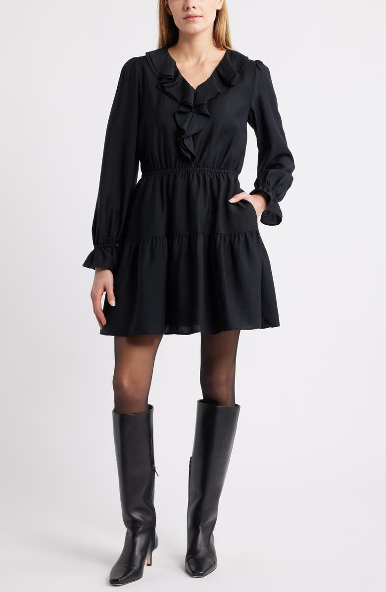 Caslon<sup>®</sup> Ruffle Long Sleeve Tiered Minidress, Main, color, Black