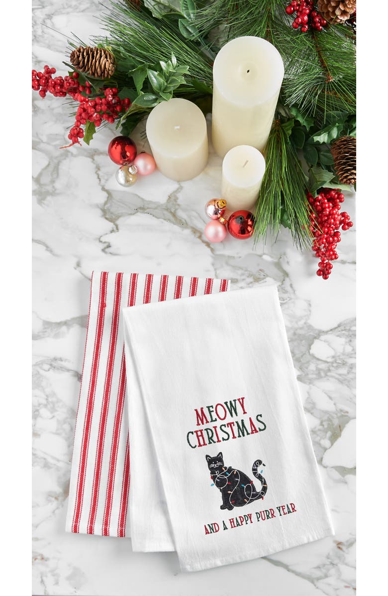 C&F Home "Meowy Christmas & Happy Purr Year" Cat 100% Cotton Embroidered Dishtowel, Alternate, color, Red