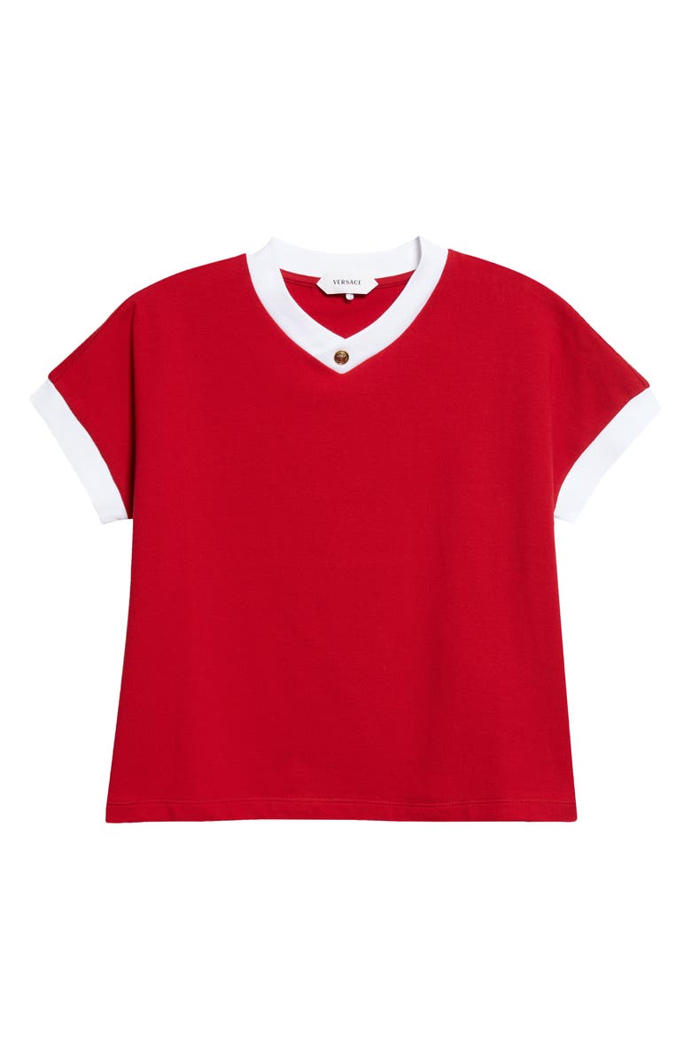 Versace Cotton Ringer V-Neck T-Shirt, Alternate, color, Lipstick Red White