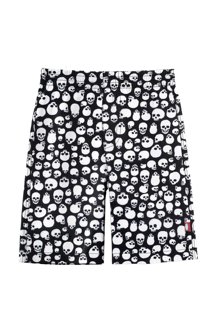 Boys Soft Stretch UPF 50+ Recycled Polyester Below-the-Knee Printed Swim Board Shorts, Main, color, Skulls