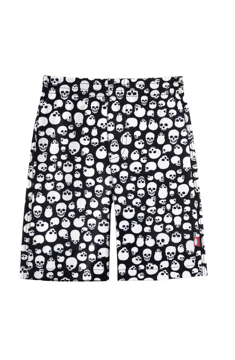 City Threads USA-Made Soft Stretch UPF 50+ Recycled Polyester Below-the-Knee Printed Swim Board Shorts, Main, color, Skulls