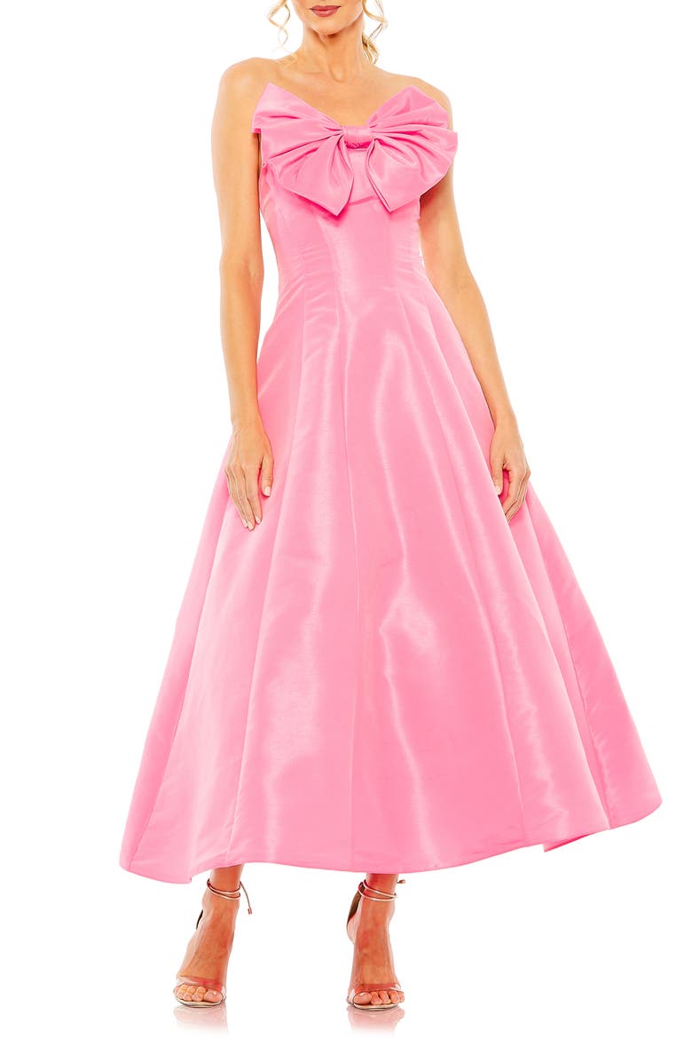 Strapless A-Line Tea Length Statement Bow Midi Dress, Main, color, CANDY PINK