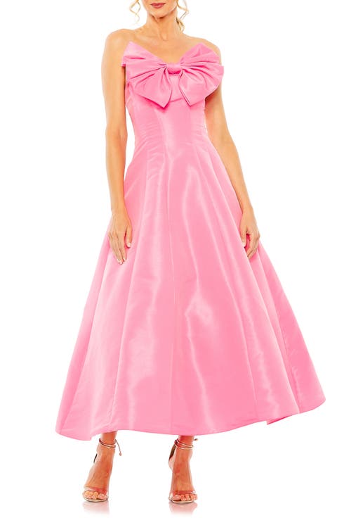 Strapless A-Line Tea Length Statement Bow Midi Dress