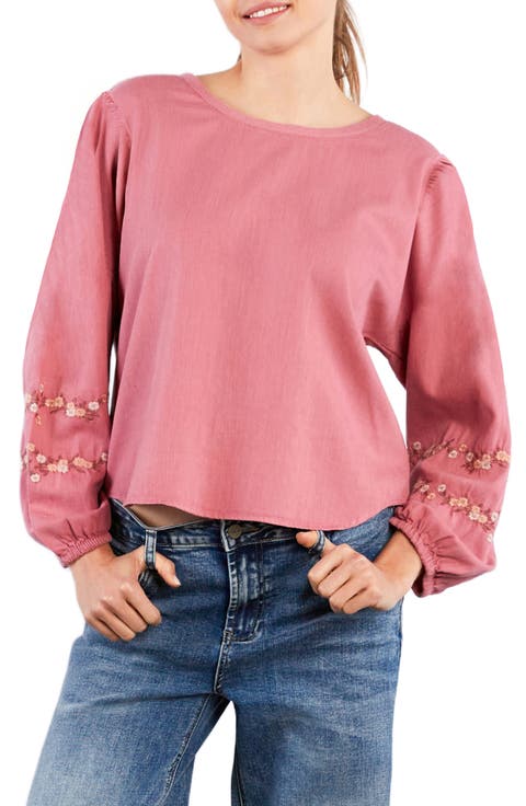 Floral Embroidery Cotton Blend Poet Top
