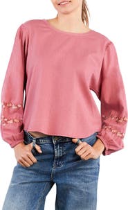 Billy T Floral Embroidery Cotton Blend Poet Top
