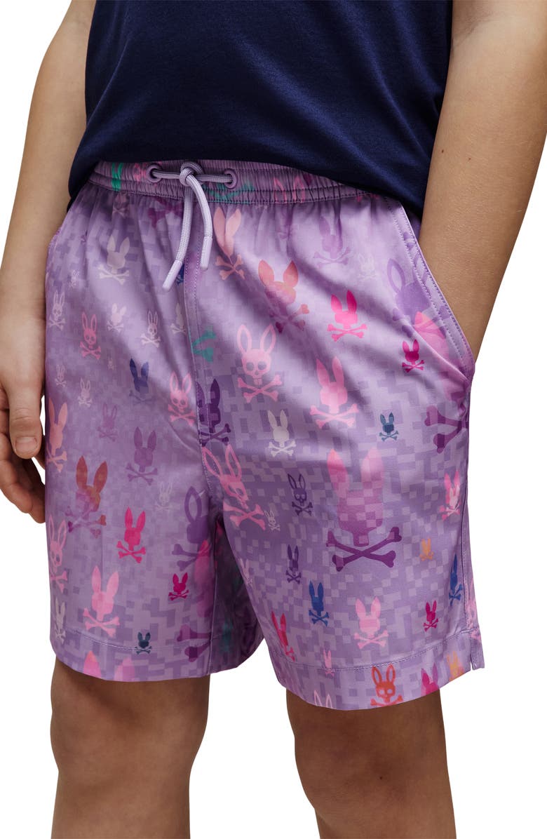 Psycho Bunny Kids' Van Lightweight Bunny Print Swim Trunks, Alternate, color, Lavendula