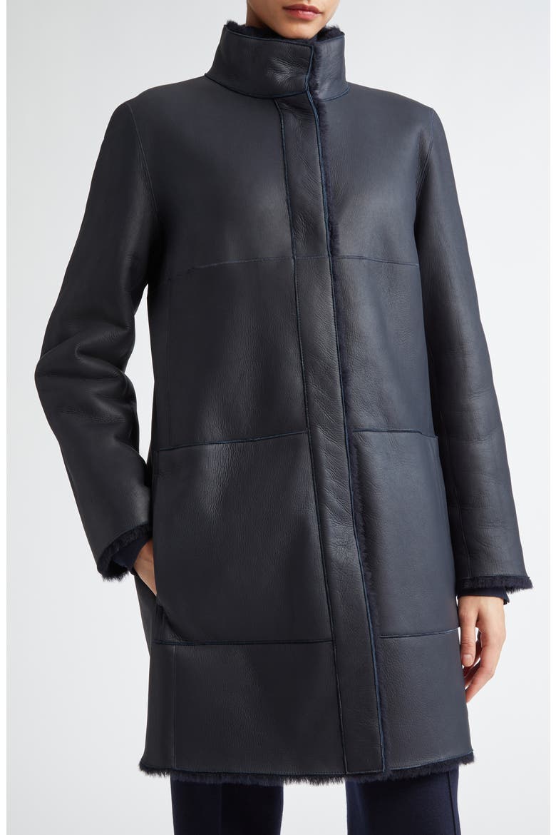 Reversible Genuine Shearling & Leather Coat, Alternate, color, NAVY