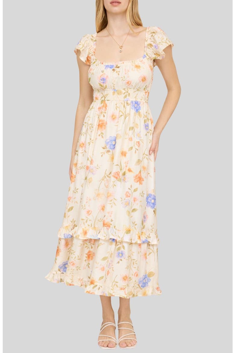 Tiered Floral Midi Dress, Main, color, BEIGE MULTI