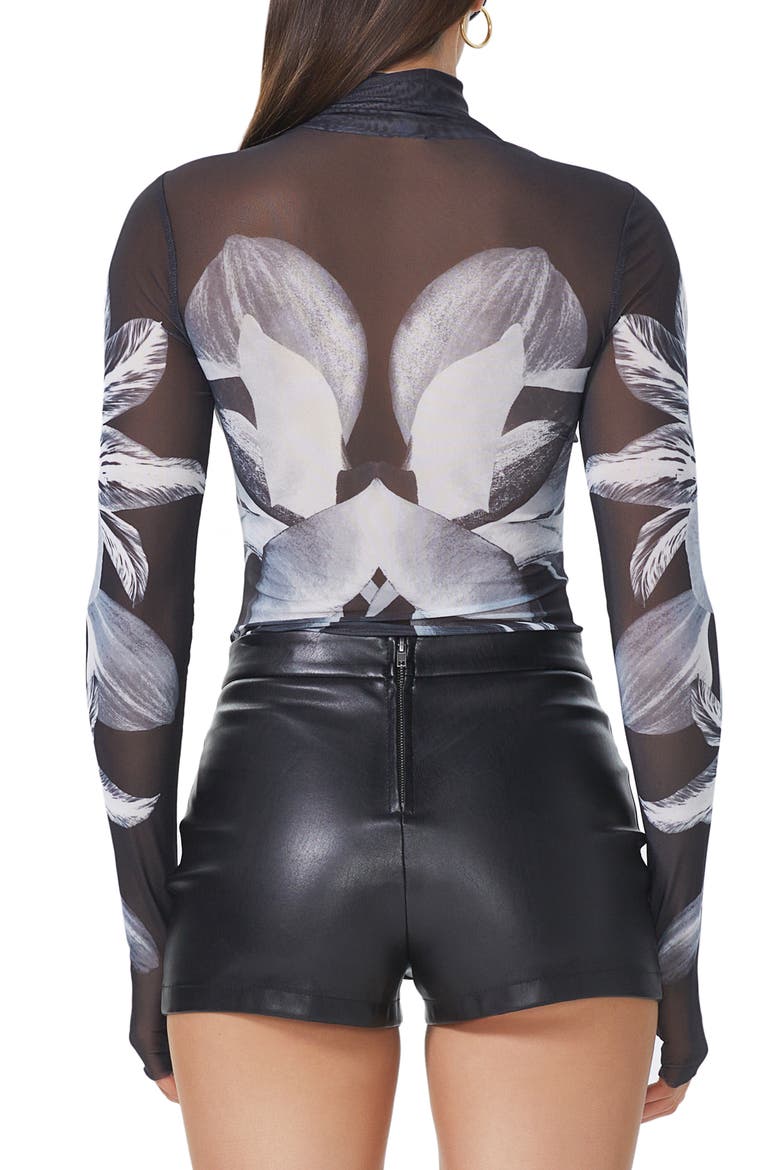 Zadie Print Mesh Turtleneck Top, Alternate, color, NOIR BOTANICAL
