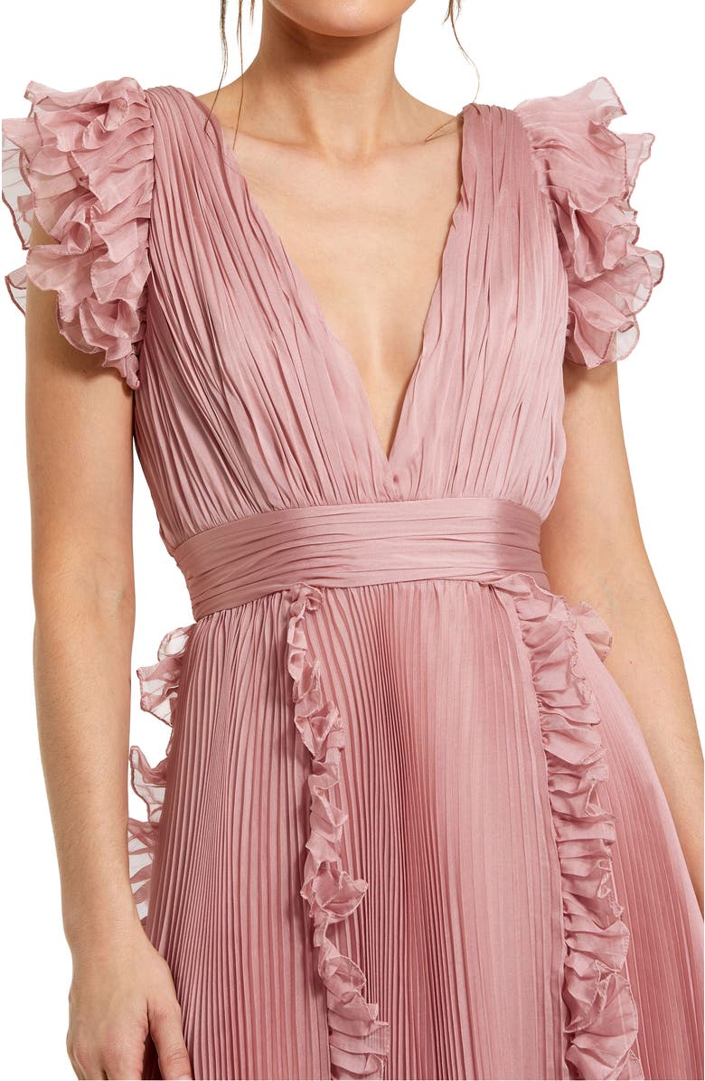 Mac Duggal Chiffon Ruffled Midi Dress with Pleated Detailing, Alternate, color, Rose
